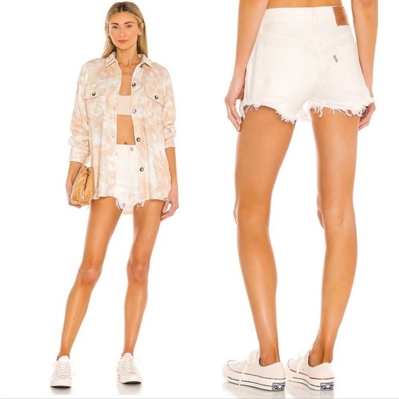 NEW Levi’s 501 Original White Denim High Waist Distressed 28 Stretchy Jean Short - Picture 1 of 16